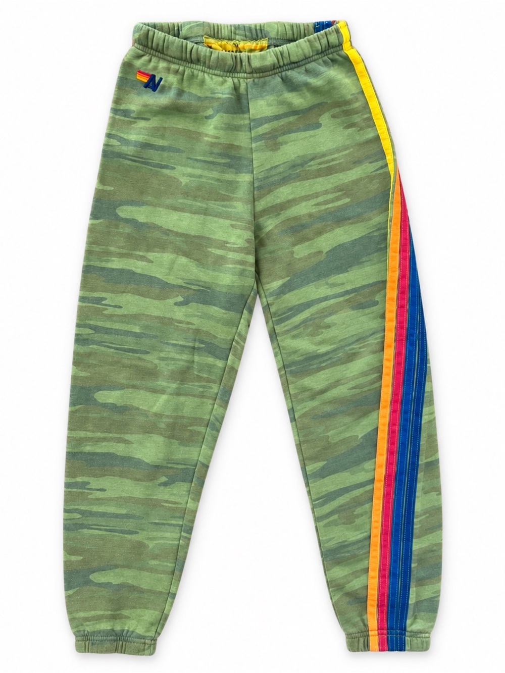 Aviator Nation Green Camo Joggers with Rainbow Side Stripes